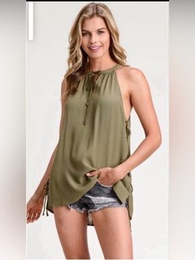 New Women's Olive Halter Top Lightweight With Lace Up Sides